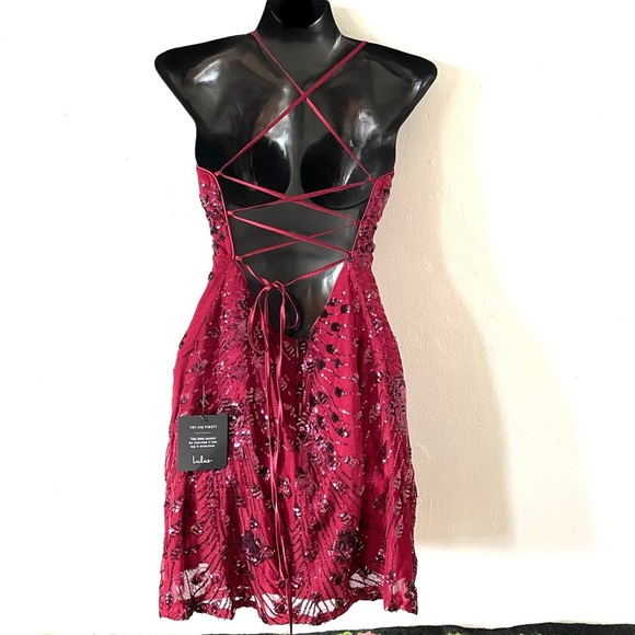 Lulus Keep Glowing Wine Red Sequin Lace-Up Bodycon Mini Dress - Picture 8 of 17